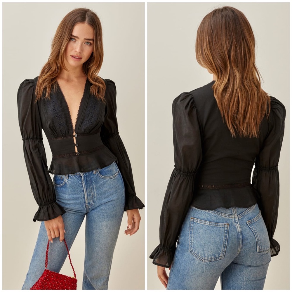 Reformation Black Lace-Trim Long-Sleeve Peplum Blouse